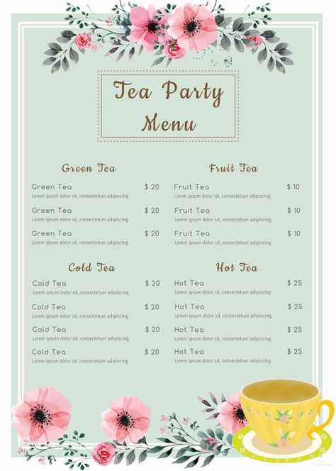 7+ Tea Party Menu Templates - Designs, Templates | Free & Premium Templates High Tea Menu, Tea Party Menu, Ice Cream Menu, Daycare Menu, Menu Card Template, Menu Design Template, High Tea Party, Dinner Party Menu, Tea Party Food