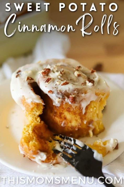 Sweet Potato Cinnamon Rolls, Potato Cinnamon Rolls, Overnight Cinnamon Rolls, Sweet Potato Cinnamon, Sweet Potato Pancakes, Yummy Sweet Potatoes, Pumpkin Cinnamon Rolls, Potato Puree, Homemade Pancakes