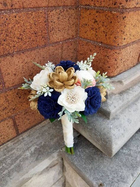 Navy Gold Bouquet, Stargazing Wedding, Small Bridesmaid Bouquets, Navy Gold Wedding, Gold Wedding Flowers, Prom Bouquet, Jr Bridesmaid, Quinceañera Dresses, Navy Wedding Flowers