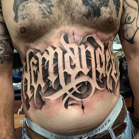 Stomach Tattoos Lettering, Stomach Lettering Tattoos Men, Self Made Tattoo Lettering, Chest Tattoo Fonts, Money Sign Tattoo, Chest Tattoo Lettering, Tattoo Nombres, Self Made Tattoo, 23 Tattoo