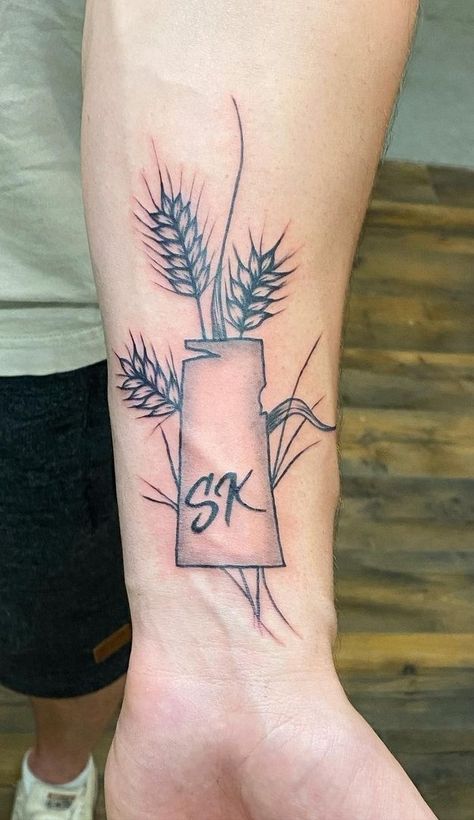 Saskatchewan Tattoo Ideas, Saskatchewan Tattoo, Farm Tattoo, Wheat Tattoo, Tattoos 2022, Country Tattoos, Hip Thigh Tattoos, Mama Tried, Trippy Drawings