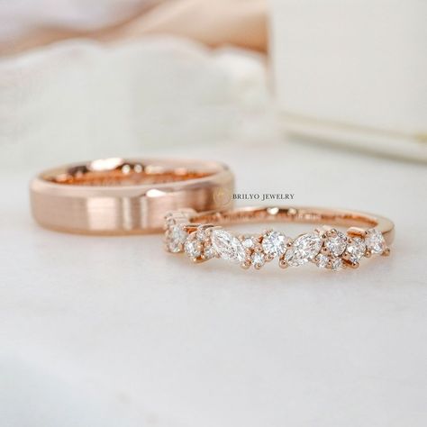 Rose Gold Wedding Band Sets His And Hers, Rings For Engagement Gold, Wedding Bands Rose Gold Women, Wedding Ring Matching His And Hers, Pairing Engagement And Wedding Rings, Rose Gold Wedding Band Set, Rose Gold Wedding Band For Women, Elongated Cushion Cut Engagement Ring, Simple Wedding Band