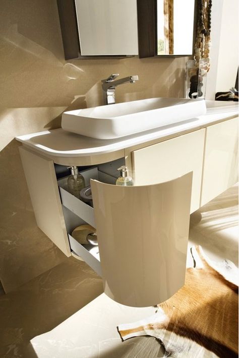 Corner Basin Cabinet, Curved Cabinets, Bathroom Design Layout, Furniture Details Design, House Design Pictures, Yellow Bathrooms, Cabinetry Design, Furniture Details, Shelf Design