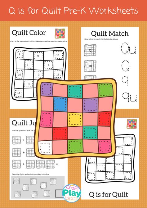 Today we have some new preschool alphabet printable for you to download. These are free and are intended to help little ones improve alphabet writing skills, numeracy and coloring skills. I really hope you enjoy these free pre-k printables.These Letter Q printable sheets are based on the word quilt and the sound QU. Letter Q Preschool, Q Crafts For Preschool, Preschool Numeracy, Q Is For Quilt, Letter Q Crafts, Letter Q Worksheets, Worksheet Alphabet, Alphabet Activities Kindergarten, Pre K Worksheets