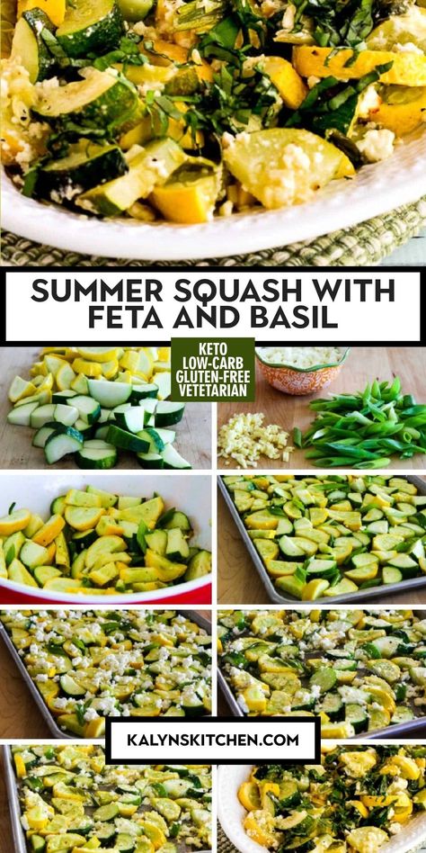 Pinterest image for Summer Squash with Feta and Basil in a white oval dish on a green and white napkin. Roasted Summer Squash And Zucchini, Summer Squash Boats, Squash And Eggplant Recipes, Summer Squash Recipes Healthy, Zucchini And Squash Recipes, Squash And Zucchini Recipes, Zucchini Ideas, Roasted Zucchini And Squash, Roasted Summer Squash