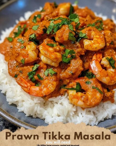 Prawn Tikka Masala Ingredients: 1 lb (450g) large prawns, peeled and deveined 2 tablespoons vegetable oil 1 large onion, finely chopped 3 garlic cloves, minced 1 tablespoon grated fresh ginger 2 teaspoons ground cumin 2 teaspoons ground coriander 1 teaspoon paprika 1 teaspoon turmeric 1 teaspoon garam masala 1 can (400ml) diced tomatoes 1 cup (240ml) coconut milk 2 tablespoons plain yogurt 1 tablespoon lemon juice Fresh coriander, chopped, for garnish Salt and pepper to taste Directions: Mar... Masala Ingredients, Diced Tomatoes, Plain Yogurt, Tikka Masala, Diced Tomato, Garam Masala, Fresh Ginger, Vegetable Oil, Lemon Juice