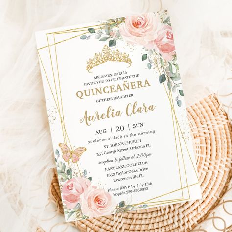 $1.98 | Quinceañera Blush Pink Rose Floral Butterfly Tiara Invitation #quinceañera15thbirthdayinvitation #princesstiaracrown #elegantgirlyquinceanerainvite #prettybloomsrosesflowers #mexicanspanishlatina #chicwhimsicaltimeless #misquince15anostemplate #butterflygeometric #softblushpinkfloral #goldglitterbutterflies Butterfly Tiara, Birthday Invitation Princess, Glitter Butterflies, Butterfly Invitations, Mexican Spanish, Princess Tiara, Tiara Crown, Quinceanera Invitations, Floral Butterfly