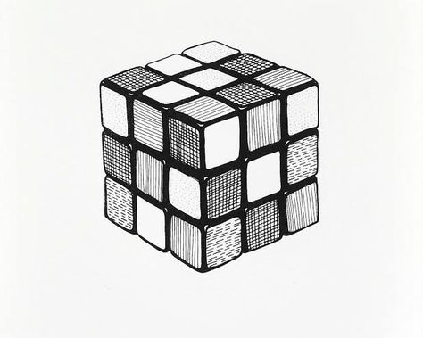 Rubik Cube Drawing, Rubics Cube Drawing, Cube Artwork 3d, Rubix Cube Drawing, Cube Drawing Sketch, Drawing Ideas Objects, Rubiks Cube Art, Black And White Objects, Cube Artwork