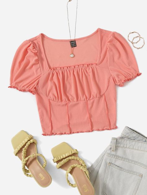 Coral Shirt, Pink Clothing, Coral Top, Front Crop Top, Pink Fits, Women T Shirts, Pink Outfits, Peach Pink, Women Tops