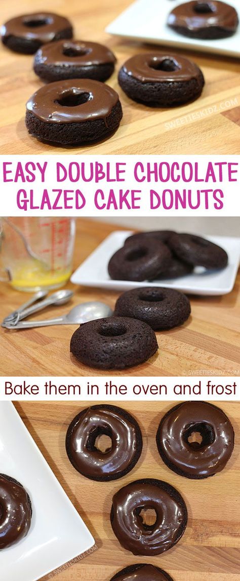 Easy Baked Double Chocolate Glazed Cake Donuts Making cake donuts is as easy as making brownies or cupcakes. We start with a batter and put them in donut pans and then bake in the oven. These aren’t traditional deep-dried donuts so they will have a different texture and taste so they are more like cake donuts. Devil’s food cake mix to make ours but you can also make cake donuts from scratch with our recipe Cake Donuts Baked, Making Brownies, Cake Mix Donuts, Glazed Cake, Cake Donuts Recipe, Homemade Donuts Recipe, Baked Donut Recipes, Glazed Donuts, Chocolate Glazed Donuts