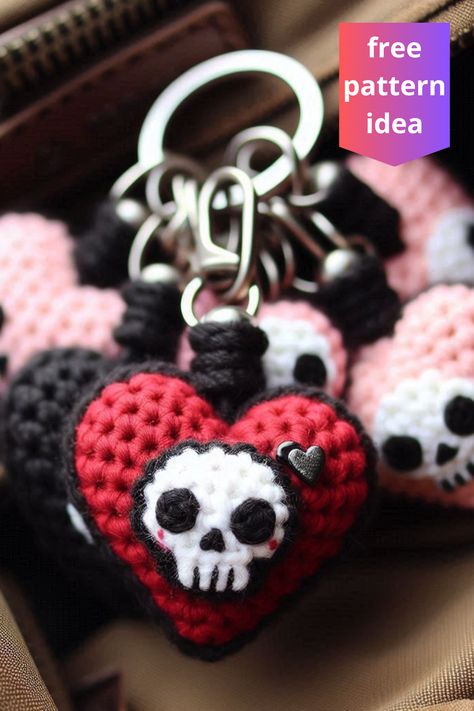 Crochet skull heart keychains in various colors, blending sweet and spooky designs. Easy-to-follow pattern for a fun and stylish accessory. Crochet Skull Keychain Free Pattern, Crochet Keychain Pattern Free Easy, Skull Keychain, Crochet Skull, Crochet Keychain Pattern, Spooky Designs, Heart Keychain, Crochet Keychain, Halloween Crochet