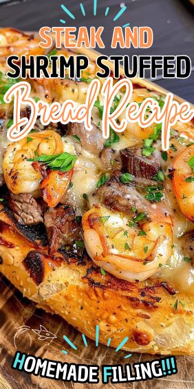 Steak and Shrimp Stuffed Bread Steak And Shrimp Stuffed Potatoes, Steak And Shrimp Stuffed Bread, Shrimp And Steak Recipes, Steak And Shrimp Recipes, Stuffed Steak, Shrimp Stuffed, Leftover Steak, Stuffed Bread, Steak And Shrimp