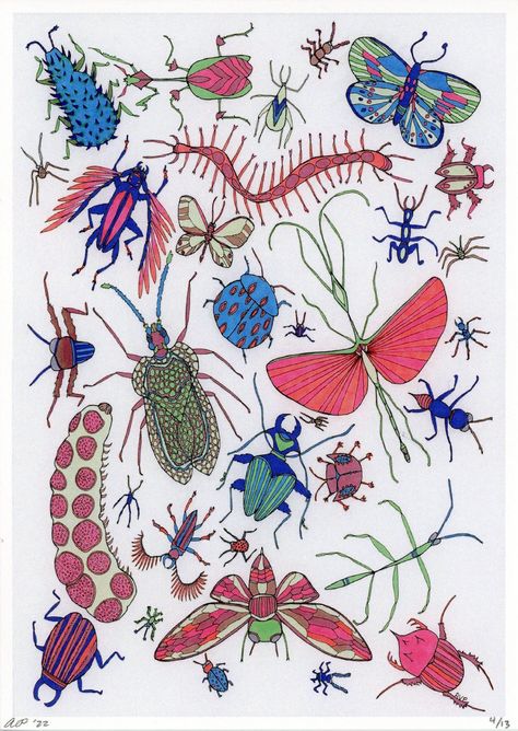 "\"Bugs\" is a 5x7 inch print on Heavy Card Stock. This drawing features brightly colored insects and bugs. Butterflies, moths, and beetles can be seen. It is unframed. Every purchase includes a free sticker! All sales are final. Purchase of this artwork does not allow for reproduction or resale. Purchase is solely for ownership of the single, original piece of art. Artist retains all rights for reproduction, use, print and resale of the image associated with \"Bugs.\"" Cute Bug Art, Cute Bug Drawing, Bug Doodles, Bugs Illustration, Bug Poster, Insects Drawing, Bug Wallpaper, Bug Drawing, Bug Illustration