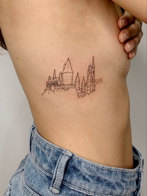 Simple Hogwarts Tattoo, Hogwarts Tattoo Small, Hogwarts Minimalist Tattoo, Book Harry Potter Tattoo, Hogwarts Skyline Tattoo, Hogwarts Is My Home Tattoo, Harry Potter Tattoos Fine Line, Harry Potter Rib Tattoo, Harry Potter Tattoo Aesthetic