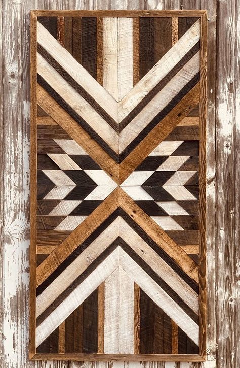 Aztec Wood Wall Art, Country Wood Signs, Mountain Wood Art, Wood Quilt, Wood Wall Art Diy, Reclaimed Wood Wall Art, Aztec Art, Wood Shop Projects, Wood Mosaic