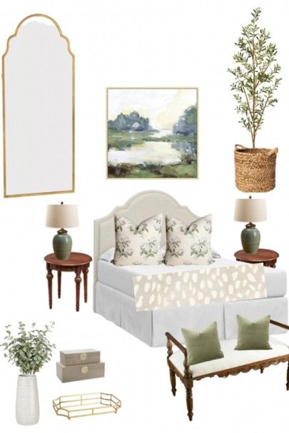 Green Guest Bedroom Decor, Transitional Traditional Bedroom, Grandmillennial Bedroom Green, Modern Grandmillenial Bedroom, Ballard Designs Bedding, Master Bedrooms Grandmillenial, Ballard Designs Bedroom Inspiration, Grand Millennial Master Bed, Green And Blue Guest Room