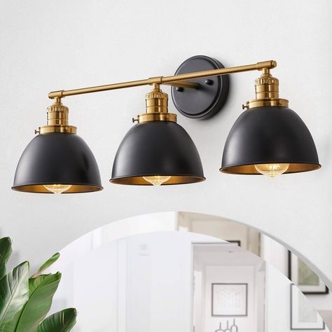 Industrial Black and Gold 3-Light Bowl Shape Vanity Lighting - On Sale - Bed Bath & Beyond - 37032640 Black And Gold Vanity Light, Over Sink Light, Lighting Bed, Industrial Vanity Light, Industrial Vanity, Brass Vanity Light, Rebecca Hall, Vanity Lights Bathroom, Black Vanity Light