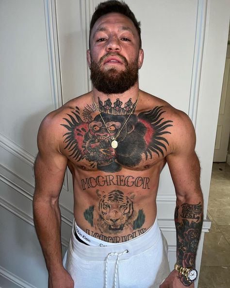 Conor Mcgregor Hairstyle, Conor Mcgregor Tattoo, Chest Tattoo With Meaning, Conor Mcgregor Style, Fighter Tattoo, Dreadlocks Men, Connor Mcgregor, Tattoo Prices, Stomach Tattoos