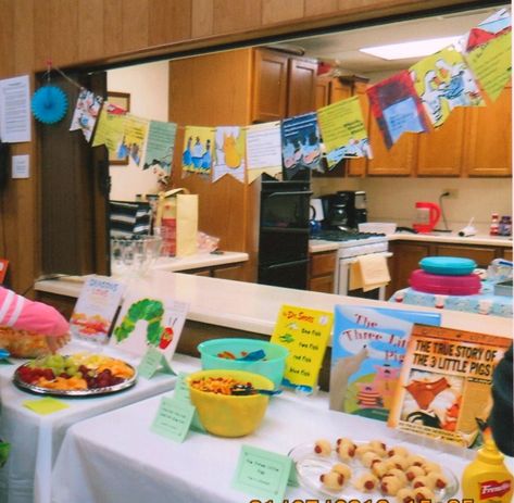 Book Themed Birthday Party, Cake Table Backdrop, Hungry Caterpillar Cake, Themed Birthday Party Ideas, Caterpillar Cake, Up Balloons, Styrofoam Ball, Cool Tables, Good Night Moon