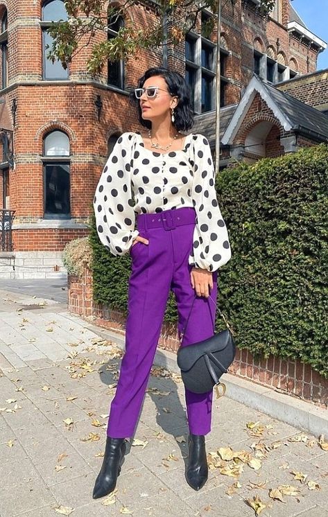 Purple pants Dark Purple Pants Outfit Work, Dark Purple Leather Pants, Dark Purple Pants Outfit, Long Sleeve Sweater Outfit, Ankle Pants Outfit, Purple Pants Outfit, Cute Business Casual Outfits, Purple Trousers, Pants Outfit Work