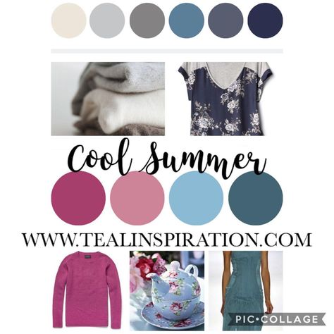 Sarena Teal Designs | Capsule wardrobe color inspiration for Cool Summers 🌸 Cool and soft • • #liveyourbestcolorlife #summercolors #wearcolor #coolwinter... | Instagram Cool Summer Palette Outfits Color Combos, True Summer Palette Outfits, Cool Summer Palette Outfits, True Summer Capsule Wardrobe, Muted Wardrobe, Cool Summer Color Palette, Teal Inspiration, Summer Skin Tone, Hot Outfit Ideas