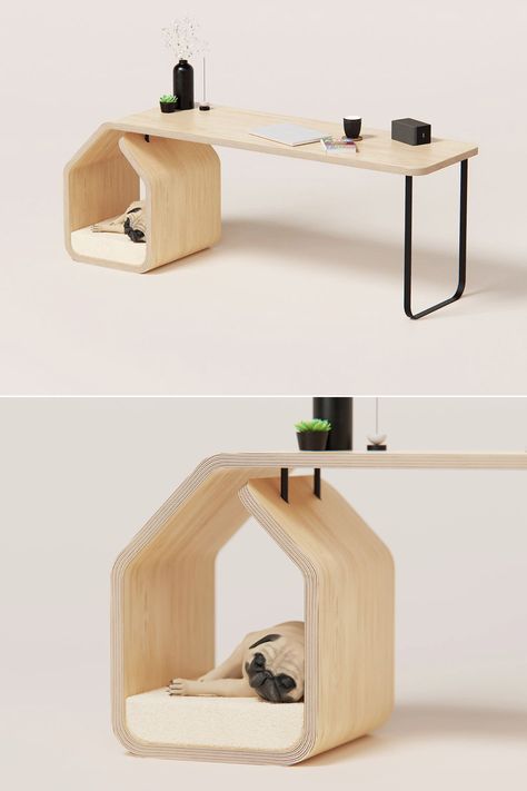 Dog Hut Desk Breaks Monotony of Pet Furniture With Fit-Anywhere Design Dog Furniture Design, Hanging Desk Ideas, Pet Interior Design, Pet Furniture Design, Dog Furniture Ideas, Pet Room Ideas, Multifunctional Furniture Design, Wood Decor Ideas, Modern Pet Furniture