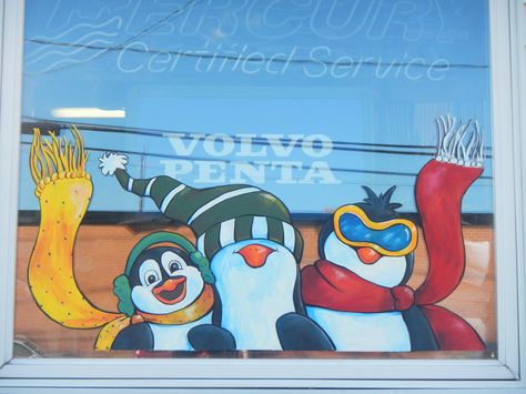 "Cool" Hand Painted Window Art for the Holidays Penguin Window Painting, Christmas Window Painting Grinch, Painted Christmas Windows, Xmas Window Decorations, Windows Christmas, Painted Window Art, Window Paintings, Window Paint, Xmas Window