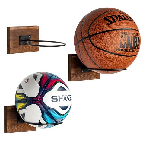 PUERSI Ball Holder Wall Mount Set of 3, Ball Storage Display Wood & Metal for Basketball Football Soccer Volleyball, Rustic Brown : Amazon.co.uk: Sports & Outdoors Volleyball Bedroom, Basketball Holder, Room Clutter, Sports Room Decor, Basketball Room, Basketball Display, Sport Bedroom, Ball Holder, Ball Storage