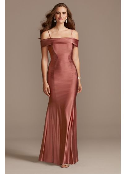 Off the Shoulder Sateen Mermaid Gown with Bow 21955 Pink Leopard Print Dress, Neckline Styles, Pink Mother Of The Bride, Peach Prom Dresses, Wedding Wonderland, Bow Style, Shiny Dresses, Mother Wedding Dress, Groom Dresses