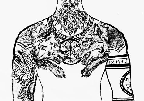 Viking Chest Piece Tattoo, Scottish Mythology Tattoo, Front Chest Tattoo Men, Viking Tattoos Chest, Nordic Chest Tattoo Men, Nordic Back Tattoo Men, Norse Chest Tattoo, Viking Back Tattoo Men, Viking Chest Tattoo Men