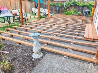 DIY: Turning a Concrete Slab Into a Covered Deck - Catz in the Kitchen Building Deck Over Concrete Patio, Deck On Concrete Patio, Build A Deck Over Concrete Patio, Concrete Slab Makeover, How To Build A Deck Over Concrete Patio, Build Deck Over Concrete Patio, Deck Over Patio, Deck On Concrete, Deck Over Concrete