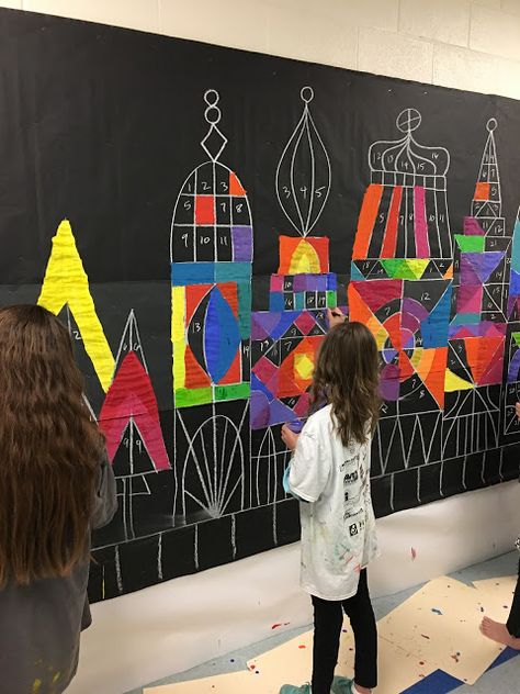 Paintbrush Rocket Small World Mural, Simple Printmaking, Joey Chou, Collaborative Mural, Art Bulletin Boards, Intermediate Colors, Collaborative Art Projects, It's A Small World, Mary Blair