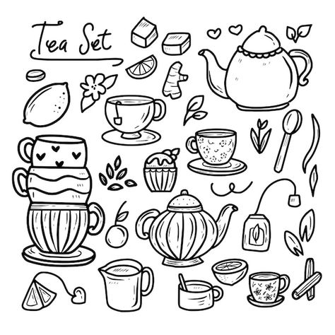 Tea Party Doodles, Tea Doodle Art, Tea Party Drawing, Teacup Doodle, Rain Cloud Tattoos, Wedding Doodles, Cloud Tattoos, Tea Time Party, Bullet Journal Work