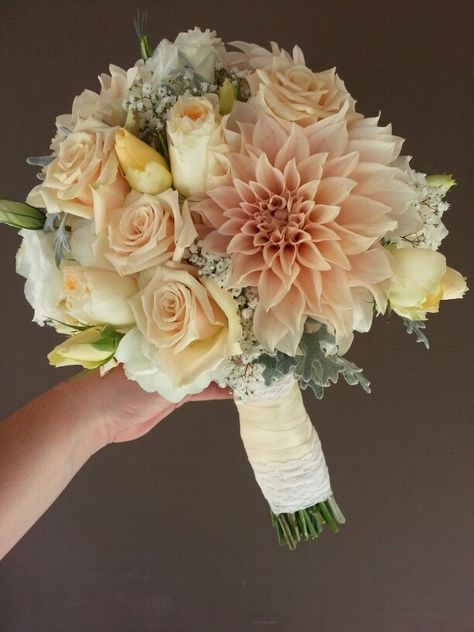 Peaches and cream wedding flowers.  Bridal bouquet with dahlias, roses,  lisianthus and babies breath Peach Flower Bouquet Wedding, Victorian Bridal Bouquet, Small Dahlia Bouquet, Wedding Bouquets Peach, Rustic Wedding Flowers Bouquet, Cream Wedding Flowers, Yellow Flower Arrangements, Yellow Rose Bouquet, Peach Wedding Bouquet