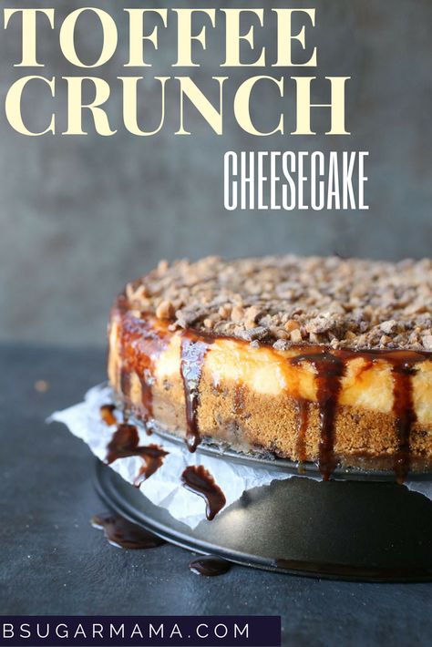 This Toffee Crunch Cheesecake recipe is covered in chocolate, caramel, and topped with lots of toffee pieces! This cheesecake recipe is sure to be your new favorite cheesecake! Toffee Crunch Cheesecake, Toffee Cheesecake, Crunch Cheesecake, Toffee Crunch, Fudge Sauce, Beautiful Cake, No Sugar Foods, Chocolate Caramel, Cheesecake Recipe