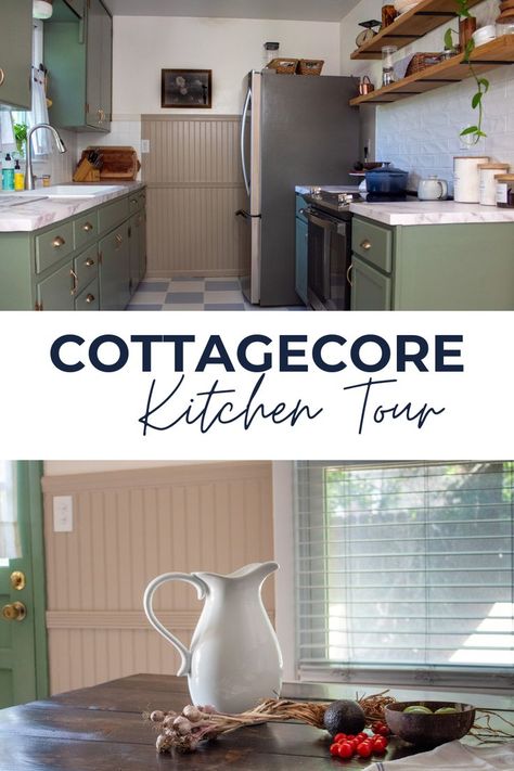 A cottagecore kitchen shows off a big table, checkerboard floors, beadboard, and vintage decor. Wide Galley Kitchen Layout, Wide Galley Kitchen, Galley Kitchen Layout, Cottagecore Kitchen, 1950s Kitchen, Kitchen Tour, Galley Kitchen Remodel, Galley Kitchen, Farmhouse Cottage