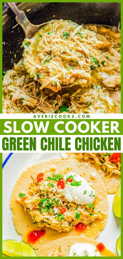 Tender, juicy, chicken that's simmered with green chiles, jalapeno, salsa verde, onions, garlic, and spices for the most FLAVORFUL and versatile green chile chicken! Use it in tacos, burritos, casseroles, sandwiches, or as a meal prep recipe. Best of all, it's SO EASY because your slow cooker does ALL the work! Slow Cooker Green Chicken Chili, Easy Crockpot Chicken Recipes Mexican, Green Chicken Crockpot, Shredded Green Chili Chicken, Slow Cooker Green Chili Chicken And Rice, Green Chile Chicken Chili, Chicken Green Salsa Verde, Salsa Verde Ranch Chicken, Green Chili Crockpot Recipes