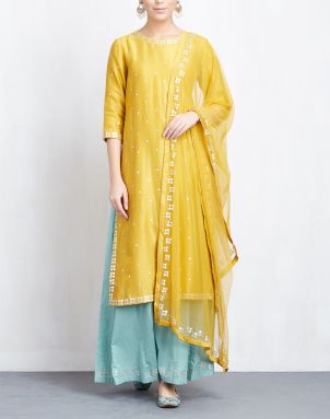 Yellow and Mint Kurta with Palazzo Set-PRIYAL PRAKASH Yellow Kurti Combination, Punjabi Dress Designs Latest, Kurti Combination, Womens Luxury Fashion, Kurta With Palazzo, Yellow Suit, Indian Designer Suits, Salwar Designs, Salwar Kamiz