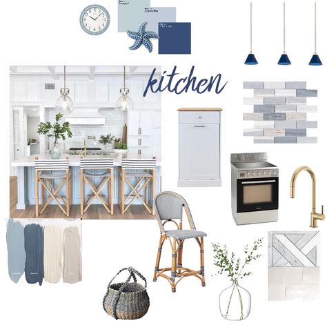 Coastal Kitchen Mood Board, Coastal Mood Board, Hamptons Style House, Coastal Style Kitchen, Beach House Kitchen, Coastal Kitchen Design, Mediterranean Interior Design, Greek Decor, Modern Coastal Home