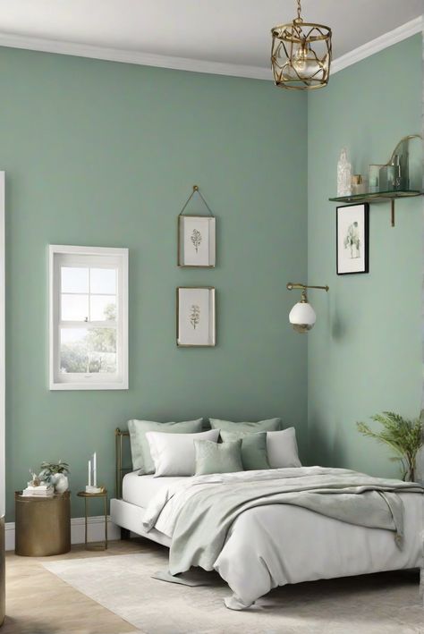 interior design,decorating interiors,designer wall paint,paint color match Pastel Green Home Decor, Green Paint Bedroom Walls, Pale Green Bedroom Ideas, Green Themed Bedroom, Pastel Green Wall, Halcyon Green, Light Green Rooms, Beach Apartment Decor, Green Accent Wall