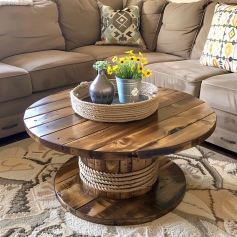 Rustic Wooden Spool Coffee Table Wooden Spool Coffee Table, Diy Spool Table, Spool Table Ideas, Spools Ideas, Spool Coffee Table, Spool Projects, Wood Spool Tables, Wire Spool Tables, Cable Spool Furniture