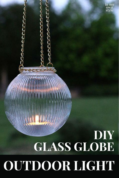 How To Make Outdoor Glass Hanging Lights using an inexpensive globe light shade and chain bought at the home improvement store. #outdoorlighting #DIYlighting #repurposedecor Solar Balcony, Glass Hanging Lights, Patio Paradise, Wedding Yard, Outdoor Candle Lanterns, Diy Outdoor Lighting, Chandeliers Lighting, Solar Lighting, Dog House Diy