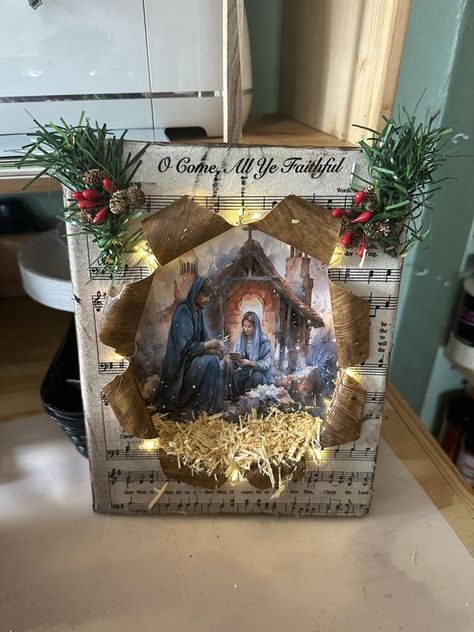 Christmas Nativity Scene Diy, Diy Christmas Canvas, Nativity Scene Diy, Decoupage On Canvas, Snow Crafts, Sheet Music Crafts, Diy Nativity, Christian Crafts, Music Crafts