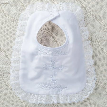 All of a baby's basic needs and more are met in this,, embroidered, cotton bib. The cotton blend broadcloth front is backed with 100 percent cotton flannel fabric, which makes it a very usable bib. It will continue to wear and wash beautifully and coordinate with a multitude of Christening outfits and other clothing. Features the phrase "God Bless" above the cross. Any name is embroidered in white thread for a one-of-kind bib. Christening Outfits, Decor School, Baby Bandana Bibs, Christening Outfit, Girls Bib, Basic Needs, Girl Christening, Bandana Baby, Small Clothes