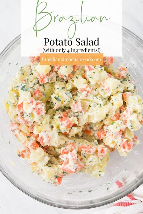 Colombian Potato Salad, South American Salad Recipes, Brazilian Steakhouse Sides, Brazilian Sides Recipes, Portuguese Potato Salad, Brazilian Food Recipes Easy, Brazilian Salad Recipes, Brazilian Vegetable Side Dishes, South American Side Dishes