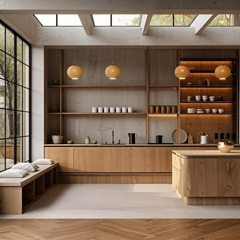 This kitchen embodies the Wabi-Sabi and Japandi aesthetics, merging minimalist Japanese principles with Scandinavian functionality. The space features natural materials, predominantly light wood, creating a warm and inviting atmosphere. Open shelving showcases simple, elegant kitchenware, enhancing the clean and uncluttered look. The large windows and skylights flood the area with natural light, blurring the boundaries between indoors and outdoors and highlighting the organic textures and fin... Japandi Kitchen Interior, Warm Kitchen Aesthetic, Japandi Interior Design Kitchen, Japandi Kitchen Island, Kitchen Design Scandinavian, Japandi Style Kitchen, Wabi Sabi Kitchen, Japandi Kitchen Design, Japandi Dining