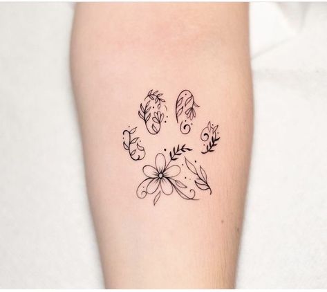 Dog Tattoo 3 Dogs, Classy Dog Tattoo, Paw Print Vine Tattoo, Pet Tatoos Ideas, Simple Tattoos Dog, Paw Flower Tattoo, Simple Pet Tattoos, Paw Print Flower Tattoo, Dainty Dog Tattoos