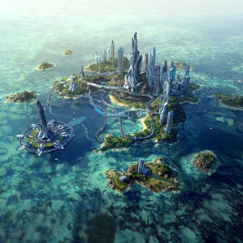 Urban City Design, Floating City Fantasy Art, Villain Building, Island Civilization, Water Planet, Zed League Of Legends, Artificial Island, Sci Fi Landscape, Sci Fi City