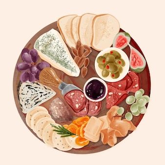 Watercolor Cheese, Round Charcuterie Board, Chacuterie Board, Cheese Drawing, Round Cheese Board, Board Illustration, Lemon Watercolor, Illustration Advertisement, Food Illustration Art