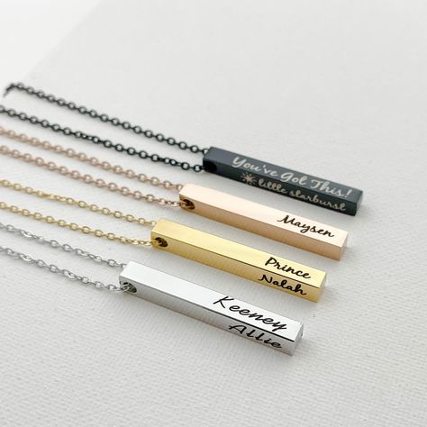 "Custom Bar Necklace 4 sided Bar Necklace Location Necklace Mantra Necklace Date Necklace Coordinate Necklace Personalized Long vertical bar  Our four-sided bar necklace can be personalized with a name, date, location, or a phrase you wish to have on your necklace.  Features: Available in black, silver, gold, and rose gold colors with high-quality stainless steel materials.  Dimensions of the Bar : 1.6\" x .20\" x .20\" All four sides are available to customize. Handmade to order.  Most orders will arrive in 4 days for US customers. The delivery takes about 2 weeks for Canada customers.     Comes in a gift box Bridal party and bulk discounts available, please contact us for details. Engraved items are personalized and made just for you! See our shop policies for returns and refunds. How to Xtool Projects, Personalized Engraved Jewelry, Date Necklace, Custom Bar Necklace, Fingerprint Necklace, Personalized Fathers Day Gifts, Vertical Bar, Custom Bar, Dishwasher Soap